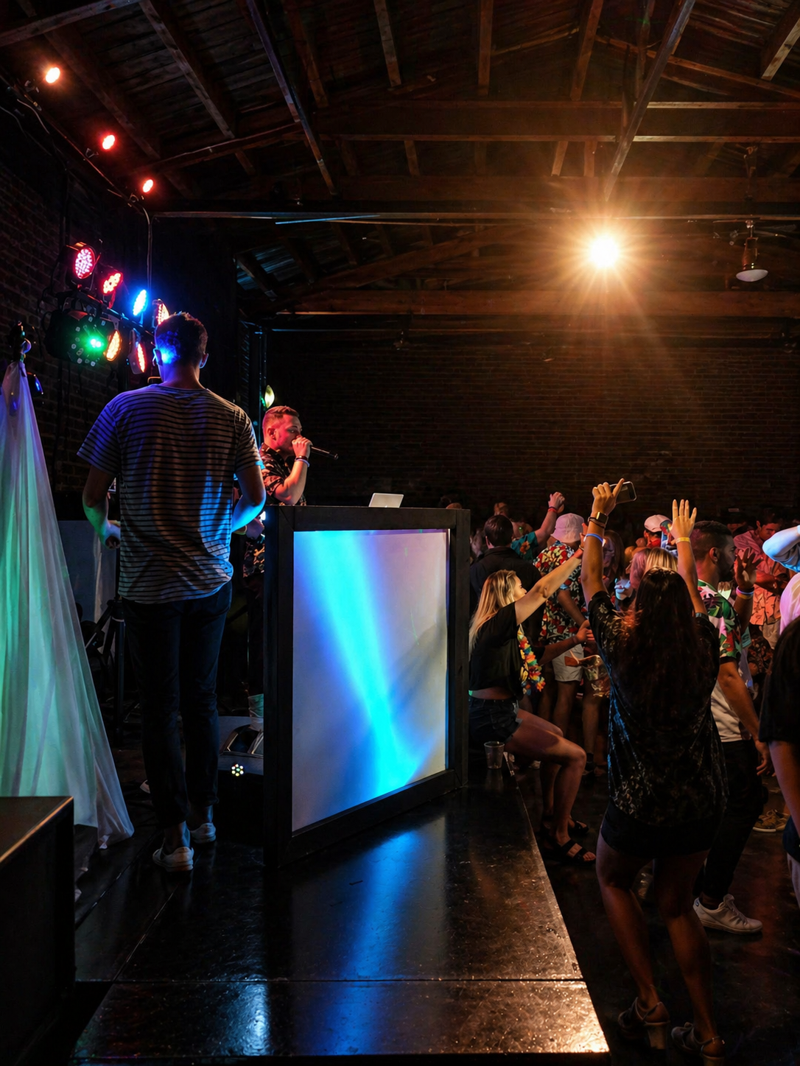 Atlanta Music Pros DJ set with a cheering crowd at a brick venue
