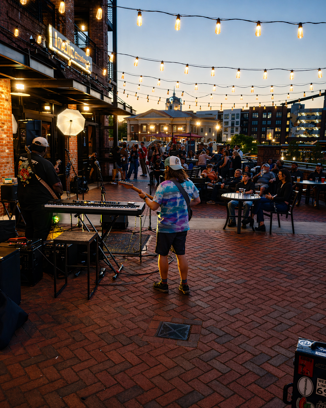 Home Address performing live on the string-lit outdoor brick patio at Indio Brewing in Duluth &mdash; Atlanta Music Pros